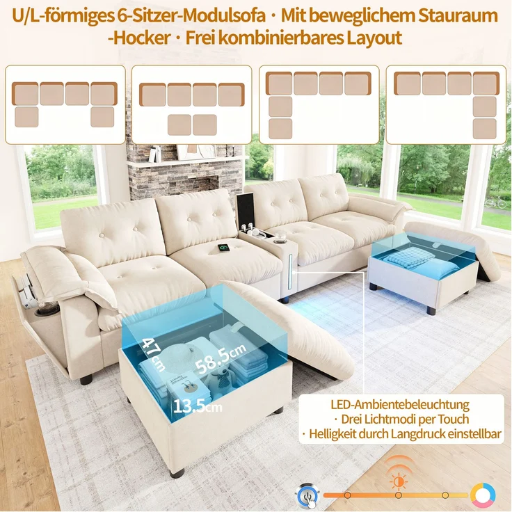 DESVIAE Sofa Modulares 6-Sitzer-Ecksofa Beige aus Chenille – 312x82x142 cm – Stauraum-Hocker, LED-Beleuchtung – Bild 5