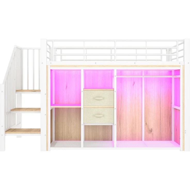 Halbhochbett 90×200 cm mit LED, 2 Schubladen und offenem Kleiderbereich, Weiß, ohne Matratze – Bild 6