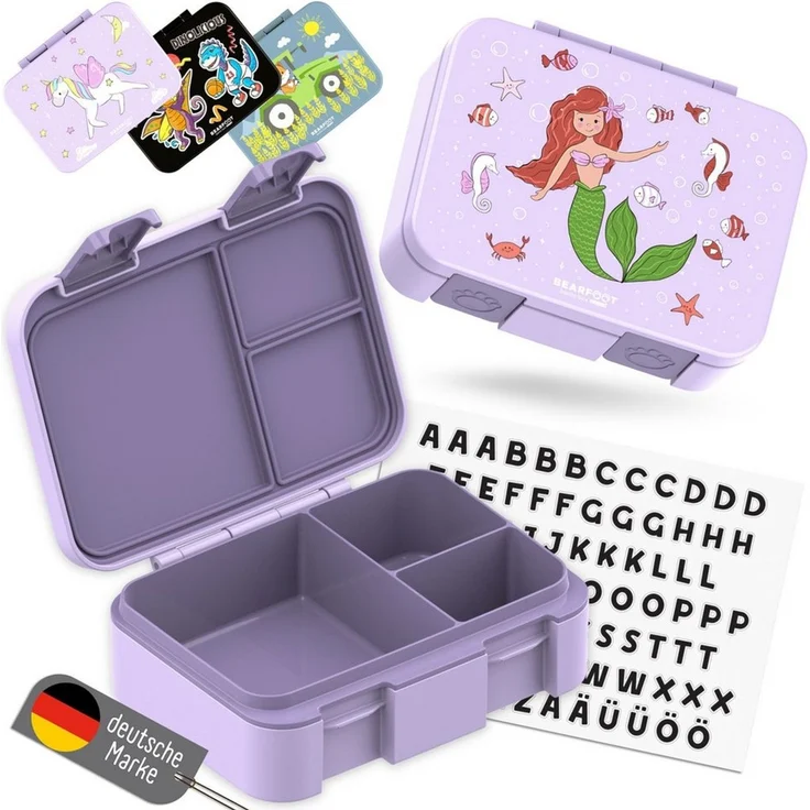 BEARFOOT Lunchbox Brotdose mit Fächern, auslaufsicher - Meerjungfrau lila, PP, ABS, Silikon, Kindergarten und Schule - Mädchen und Jungen, Vesperbox, Snackbox – Bild 2