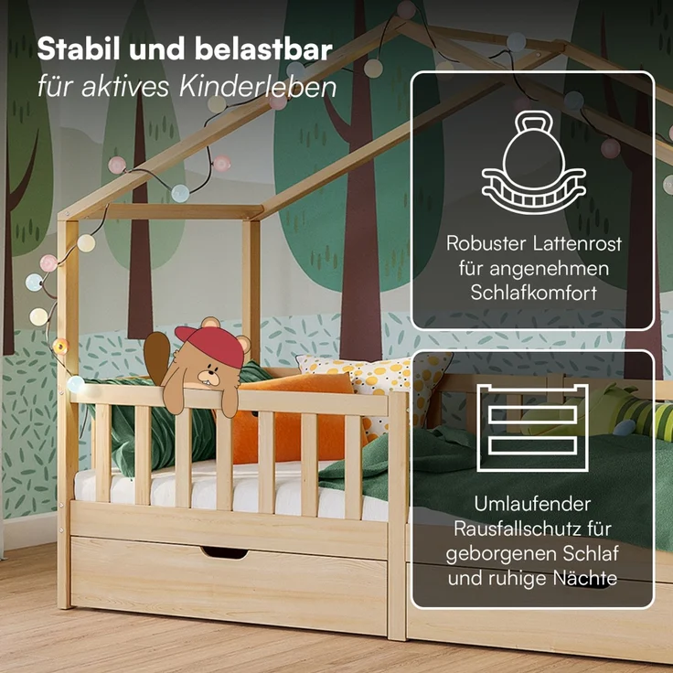 Bellabino 'Bia' Hausbett 90x200 cm mit 2 Schubladen, natur, Kiefer Massivholz, Montessori Kinderbett mit Stauraum, inkl. Rausfallschutz und Lattenrost – Bild 3