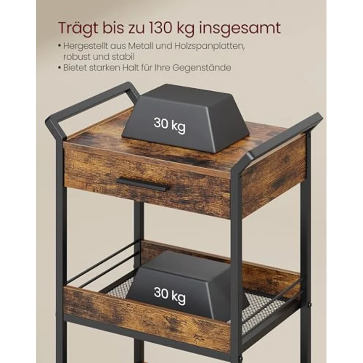 VASAGLE Rollwagen, Küchenwagen 4 Ebenen, Servierwagen mit Bremsen, Holzspanplatte, obere Schublade, Aufbewahrungsregal für Küche, Badezimmer, Schlafzimmer, vintagebraun-tintenschwarz LRC049K01 – Bild 4