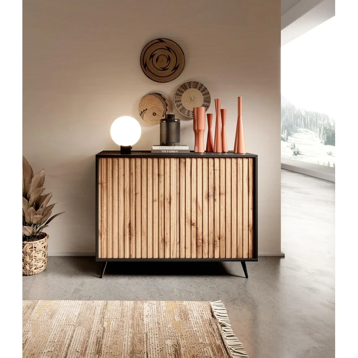 Selsey Bello - Kommode in Schwarz und Wotan Eiche mit Lamellen, goldene Beine, 104 cm breit – Bild 2
