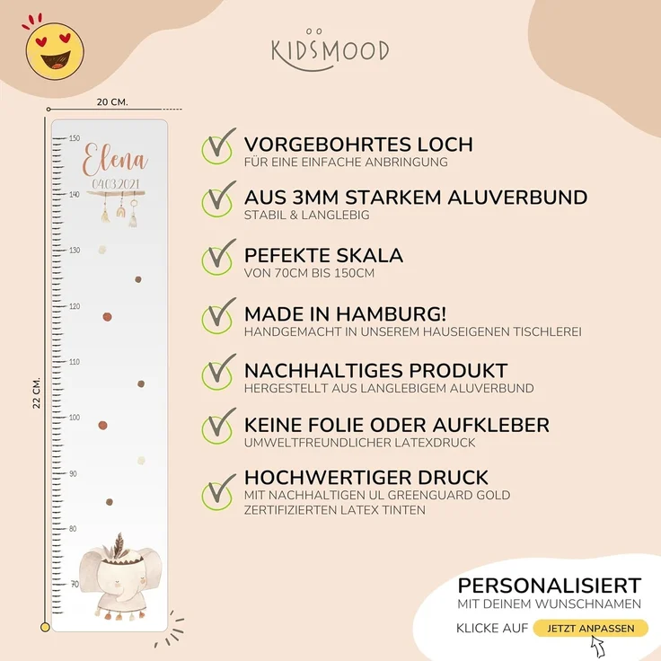 KIDSMOOD - Messlatte für Kinderzimmer Personalisiert, 70-140 cm - Messlatte Kinder Holz personalisiert Mit Namen für Baby- & Kleinkinderzimmer - Individuelles Geschenk für Kinder und Babys zum Geburt – Bild 3