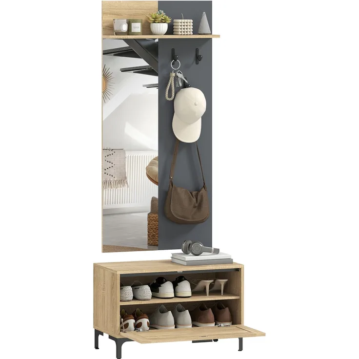 MELAYR, Garderobenset für Eingangsbereich, Schuhbank, Spiegel, 3 Haken, Offenes Regal, 60 x 13.5 x 127.5 cm, Naturholz