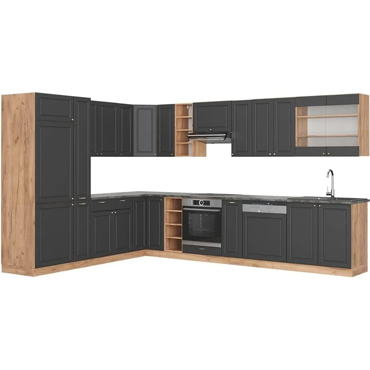 Eckküche Fame-Line Anthrazit-Gold Landhaus/Goldkraft Eiche 347 x 257 cm ohne Arbeitsplatte Vicco – Bild 1