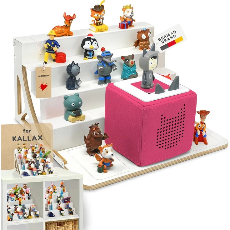 stadtecken® Magnetisches Regal für Musikbox-Figuren – Passend für Kallax und mehr | Optional mit Platz für Toniebox | Geeignet für ca. 50 Figuren | Weiß (BoxPlus)