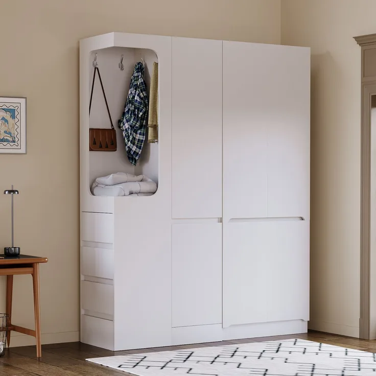 CHICFURN Kleiderschrank aus Holz, Weiß, 140x170x40 cm, mit 4 Schubladen und offenem Hängebereich