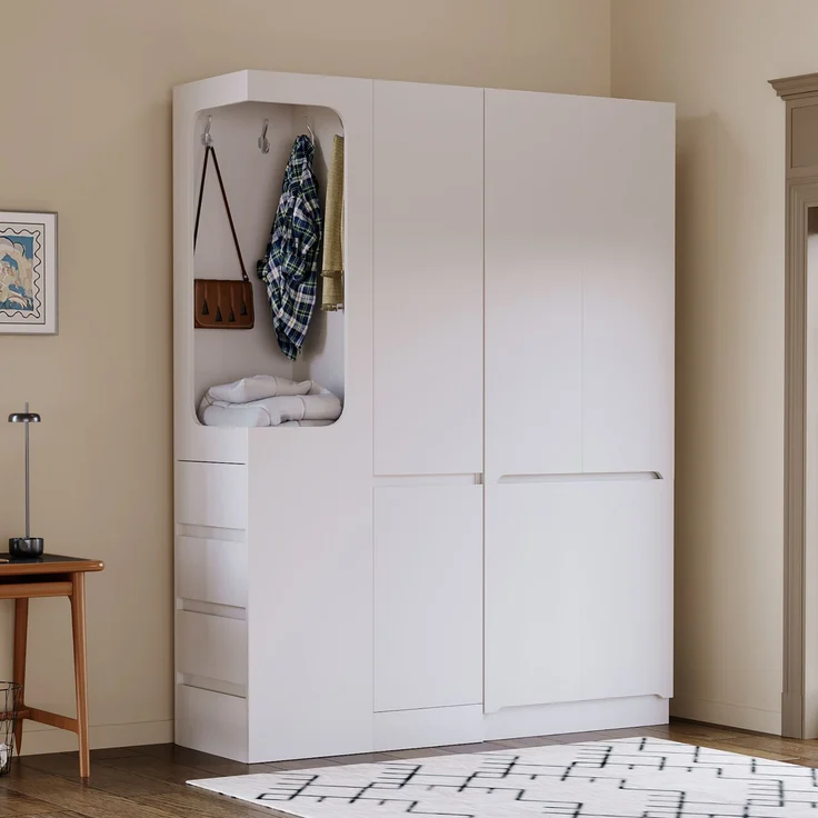 CHICFURN Kleiderschrank aus Holz, Weiß, 140x170x40 cm, mit 4 Schubladen und offenem Hängebereich – Bild 1
