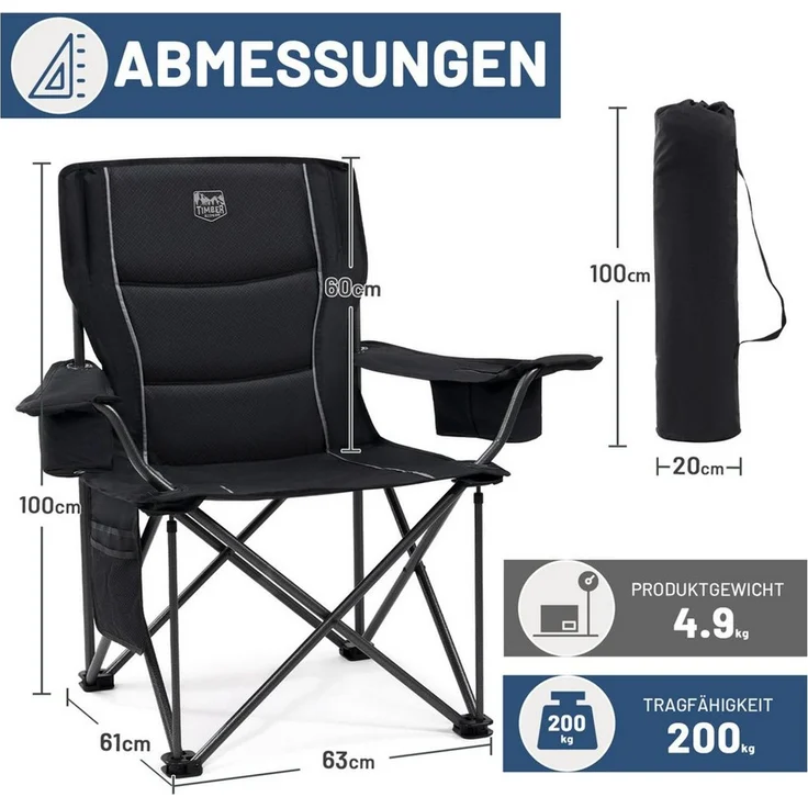 TIMBER RIDGE Campingstuhl Faltbarer Stuhl, 200KG Belastbar,TIMBER RIDGE Übergroßer Bequem (2 St), aus 600D Polyester, mit höhenverstellbaren Armlehnen – Bild 3