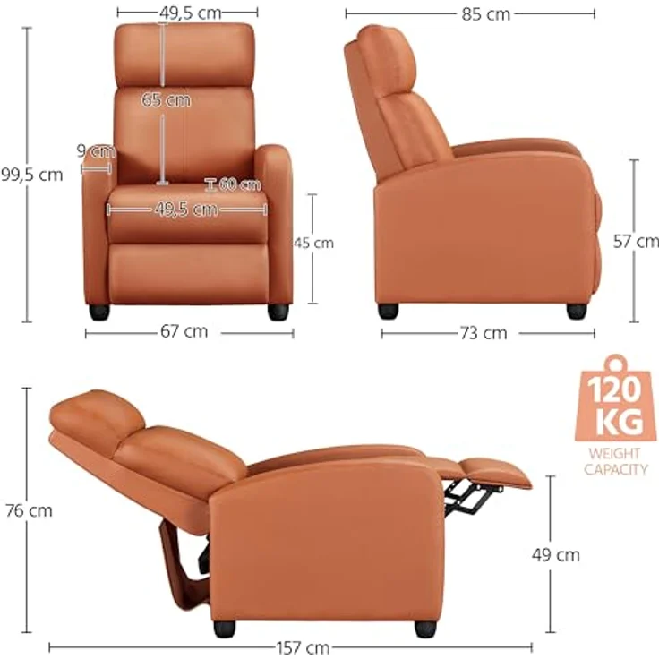 Yaheetech Relaxsessel Fernsehsessel Ruhesessel Liegesessel mit Liege-Funktion Polstersessel Kunstleder verstellbar Einzelliegesessel Wohnzimmer Schlafzimmer Heimkino Orange – Bild 4