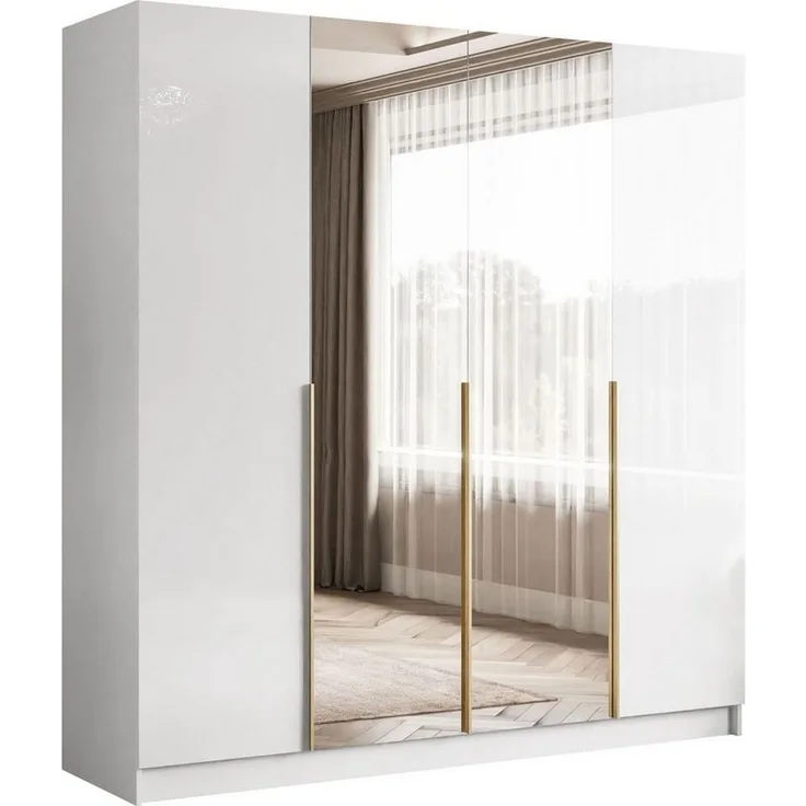 Lookway Kleiderschrank AUREL 4D in Weiß hochglanz Drehtürenschrank mit Spiegel
