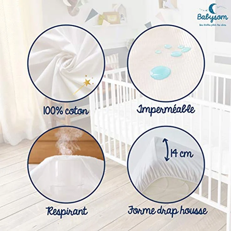 Babysom - Baby Matratzenschoner « 2 in 1 » - 60x120 cm - Spannbetttuch + wasserdichte Matratzenauflage - 100% Baumwolle - Luftdurchlässig – Bild 4