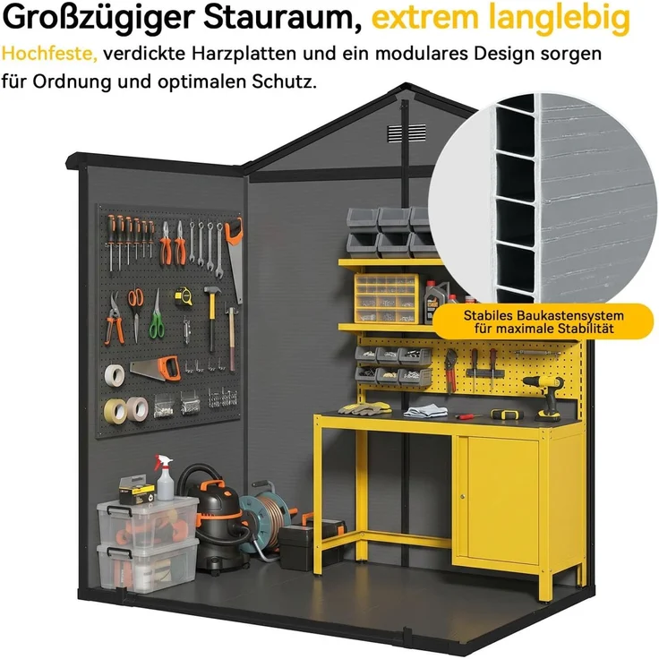 Aoxun Gartenhaus Kunststoff 4m³ mit Fundament | 182x124x210 cm | Geräteschuppen mit Boden, Gerätehaus Satteldach, Belüftet, Gartenhütte Wasserdicht für Fahrrad, Terrasse, Rasen und Werkzeug, Schwarz – Bild 5