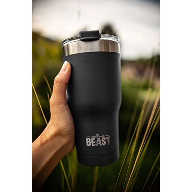 BEAST Edelstahl Becher Vakuumisolierte Tasse Kaffeebecher Doppelwandige Reiseflasche Thermobecher mit Spritzfestem Deckel, Paket mit 2 Strohhalmen, Rohrbürste & Geschenkbox (20oz, Schwarz) – Bild 9
