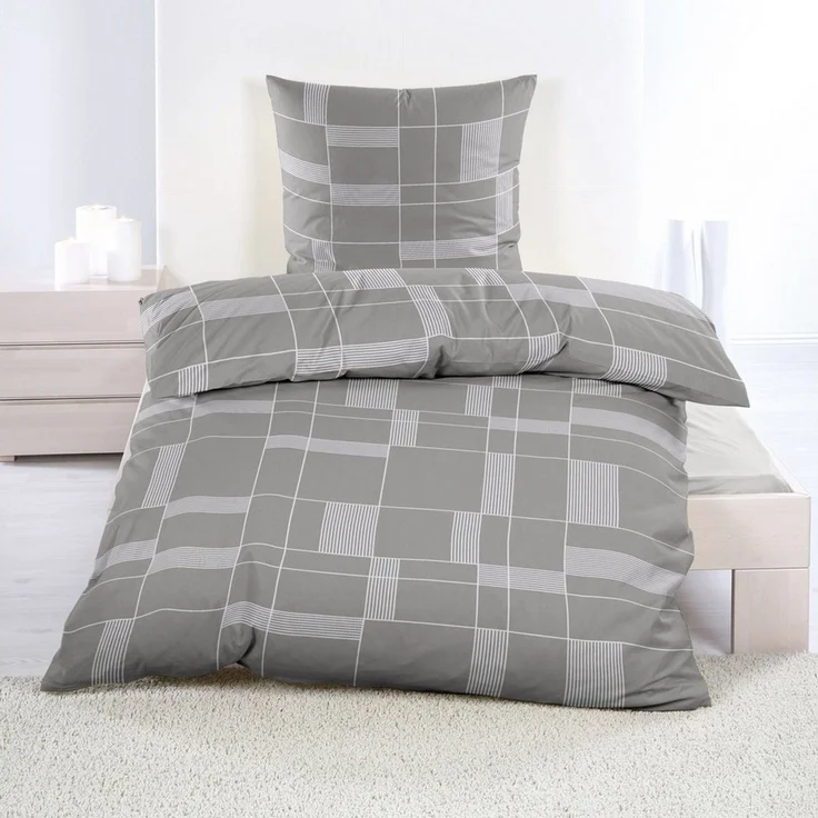 Casa Colori Bettwäsche Biber 135x200 cm mit Reißverschluss 100% Baumwolle, Biber, 2 teilig, Grau mit Streifen – Bild 2