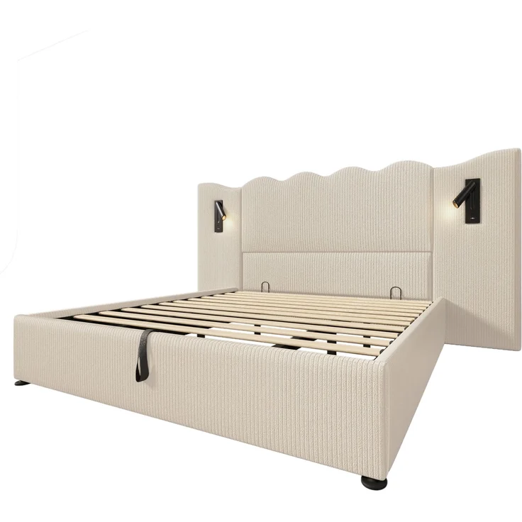Holzbett 180x200 cm, mit hydraulischem Bettkasten, mit Lattenrost und ohne Matratze, mit Cordbezug, Beige – Bild 11