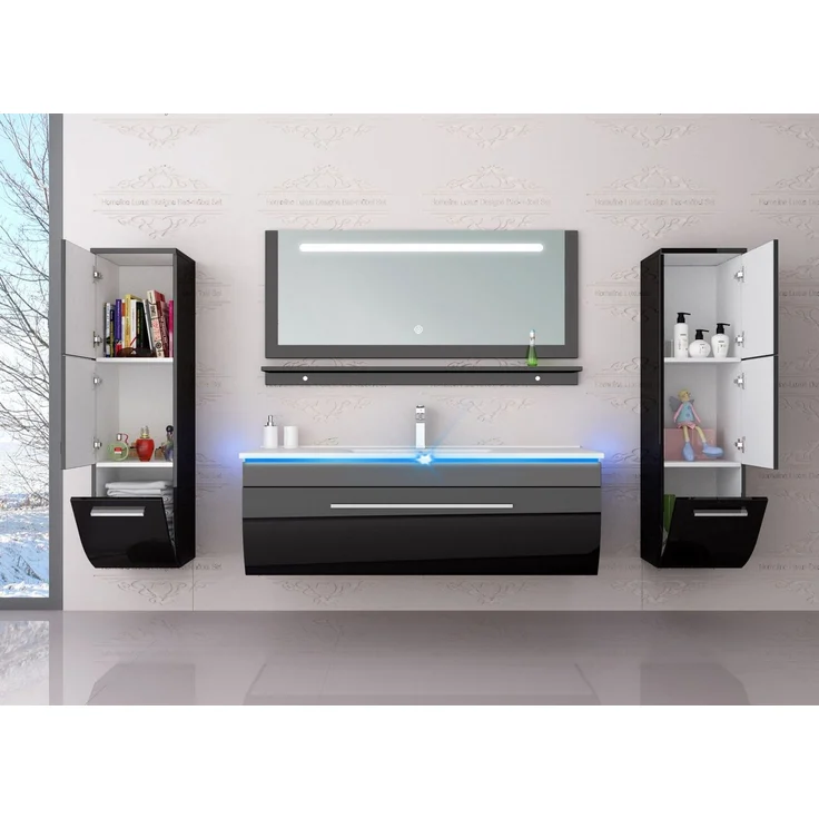 Homeline Badmöbel-Set Badmöbel Set montiert Schwarz Hochglanz Badezimmermöbel 120 cm, (Spar set, 6-St, Spiegel, Waschbecken, Unterschrank, Keramik beginnen Hochschrank) – Bild 4