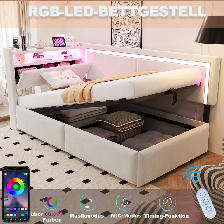 Polsterbett Schlafsofa 90x200 cm Mit LED-Beleuchtung und USB-Ladeanschlüssen. Kopfteil Lässt Sich Zum Verstauen öffnen. Hydraulisches Stauraumsystem unter Dem Bett, Samtstoff Beige – Bild 5