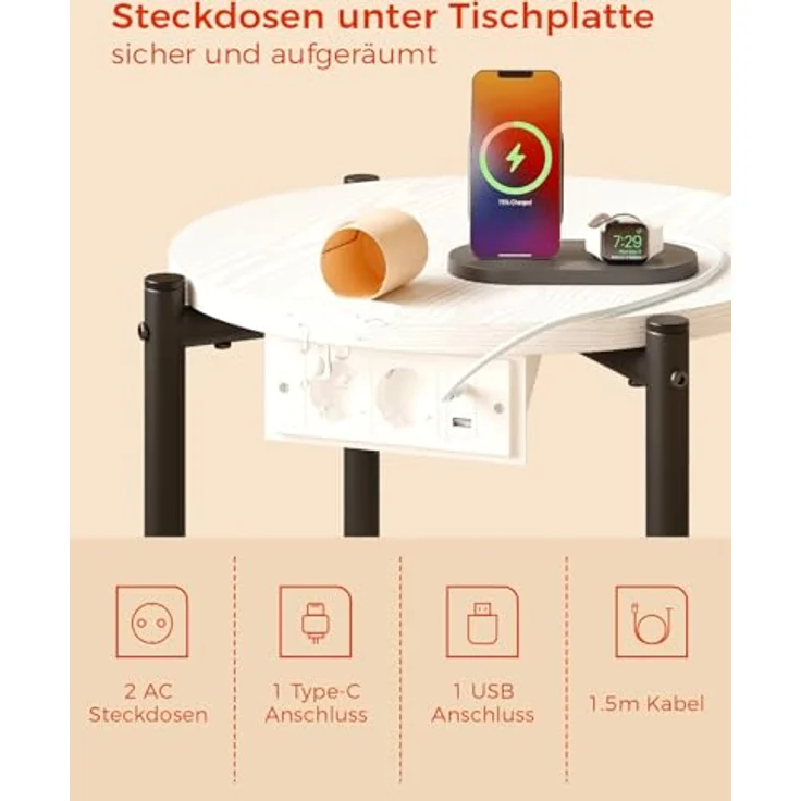 IRONCK Beistelltisch rund, Couchtisch mit Steckdose, Kleiner Tisch Holz, Wohnzimmertisch 2 Ablagen,Sofatisch,USB & Type-C-Anschluss, Metallrahmen, Nachttisch für Schlafzimmer (Weiß, 2 Stücke) – Bild 5