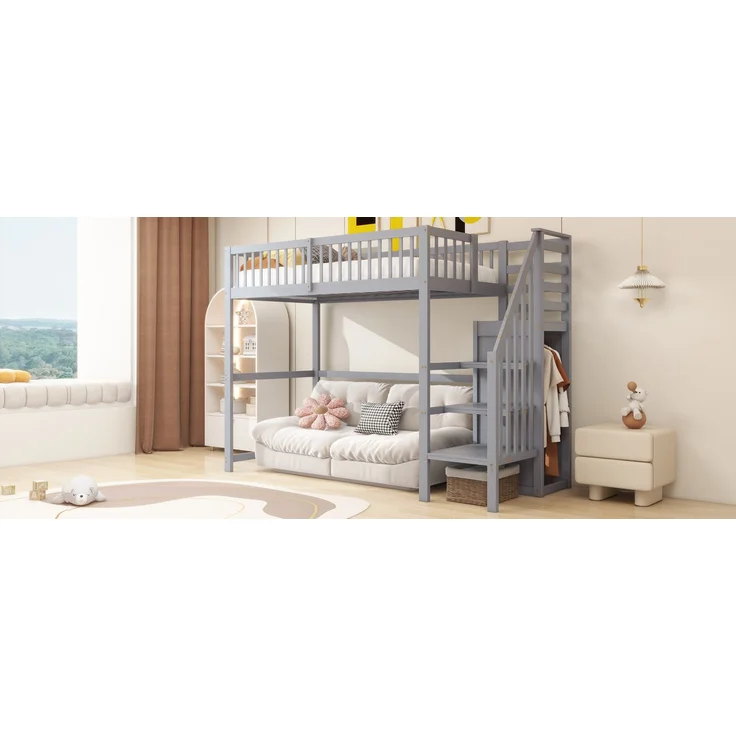 Hochbett 90x200 mit Treppe, Kinderbett aus Holz mit Aufbewahrungsregal, einfacher Kleiderschrank Grau – Bild 5