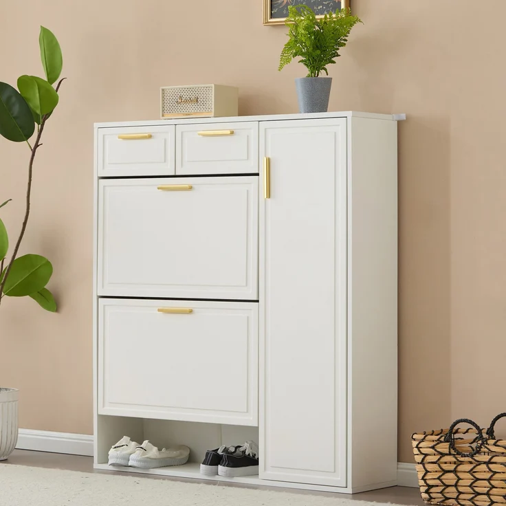 Schuhschrank, Schuhkipper mit Schubladen, Breite 95 cm, 2 Schubladen, 1 Türen, 2 Klappen, 1 offene Fächern – Bild 4