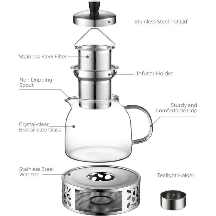 Teekanne 1000ml Stövchen Glas Edelstahl Teewärmer Type6 Silber – Bild 2