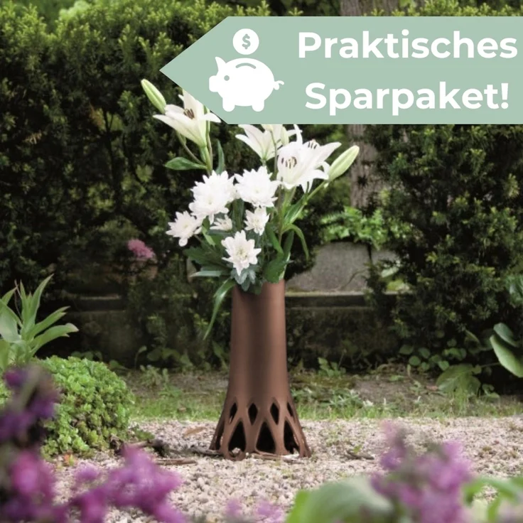 2er Set Grabvase mit Erdspieß Friedhofvase Grabschmuck Blumenvase Friedhof Steckvase Grab Vase zum stecken bronze 1,3 L Frostsicher – Bild 6