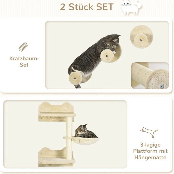 JARDJ Kletterstufen, Kletterwand, Katzentreppe, 4-tlg Set, mit Kratzbaum, Hängematte, beige+cremeweiß, 40 x 28 x 73cm – Bild 5