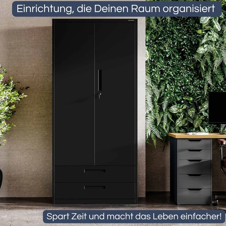 Metallschrank mit Doppel-Schublade RUEL - 195x90x40cm Schwarz | Büroschrank Aktenschrank Stahlschrank Fachbodenschrank Werkstattschrank – Bild 3
