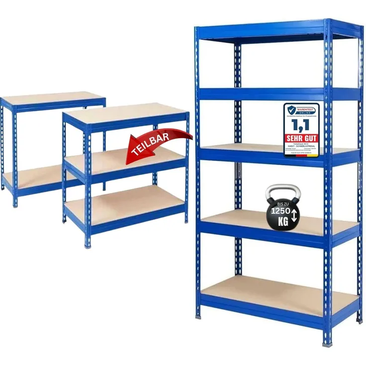 KARAT Schwerlastregal - Steckregal, Kellerregal, Lagerregal, Werkbank - Traglast bis 1250 kg - Schnelle Montage & Standsicher (Blau, 180 x 90 x 60 cm)