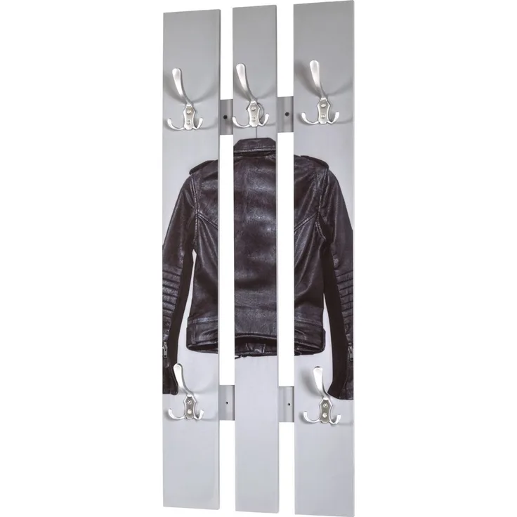 Haku Wandgarderobe mit 5 Metallhaken in Edelstahloptik, Motiv Lederjacke, MDF, grau-silber, 40x9x100 cm
