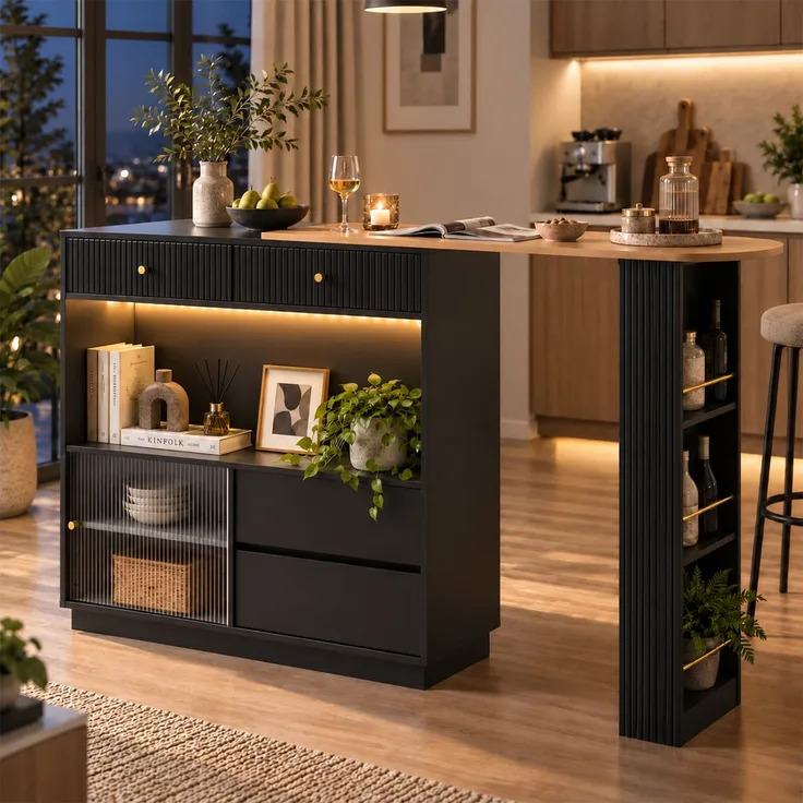 Drehbare Kücheninsel mit Bartheke, bis 183 cm ausziehbar, aus Spanplatte mit LED-Beleuchtung,H 100 x T 183 x B 30 cm