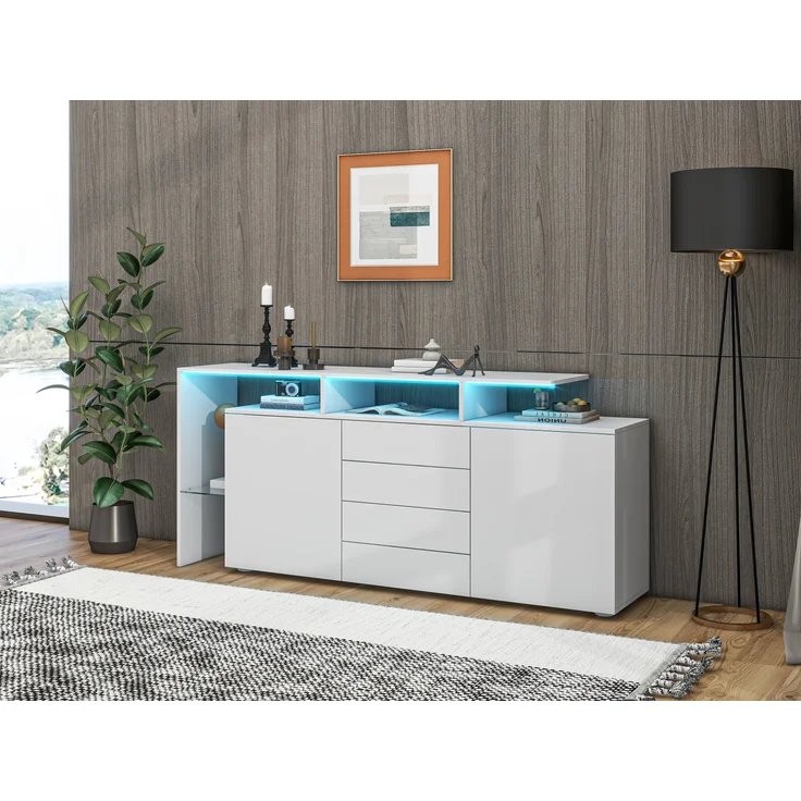 Sideboard Kommode aus Spanplatte mit LED-Beleuchtung, 4 Schubladen & 2 Push-to-Open-Türen, 160x35x70 cm, Weiß – Bild 1