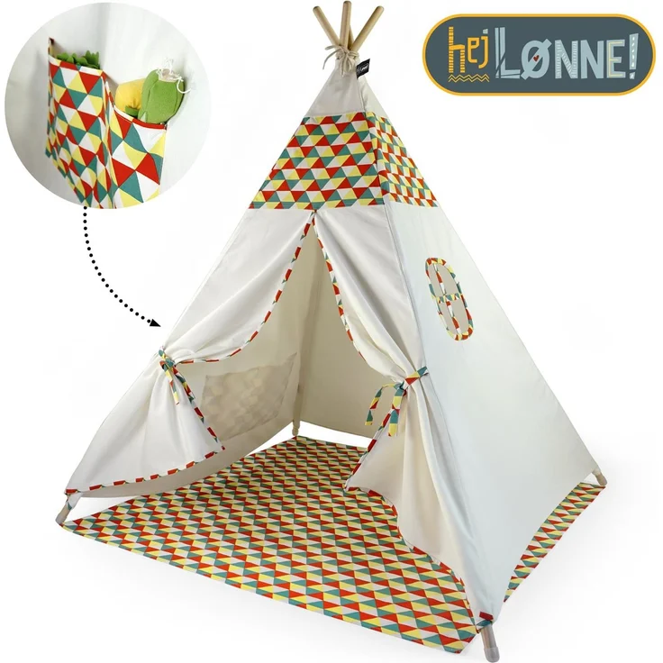 Hej Lønne Tipi Zelt für Kinder (Farbige Bemusterung), Indianerzelt, 4 Stangen, 120x120x150cm, Baumwolle – Bild 1