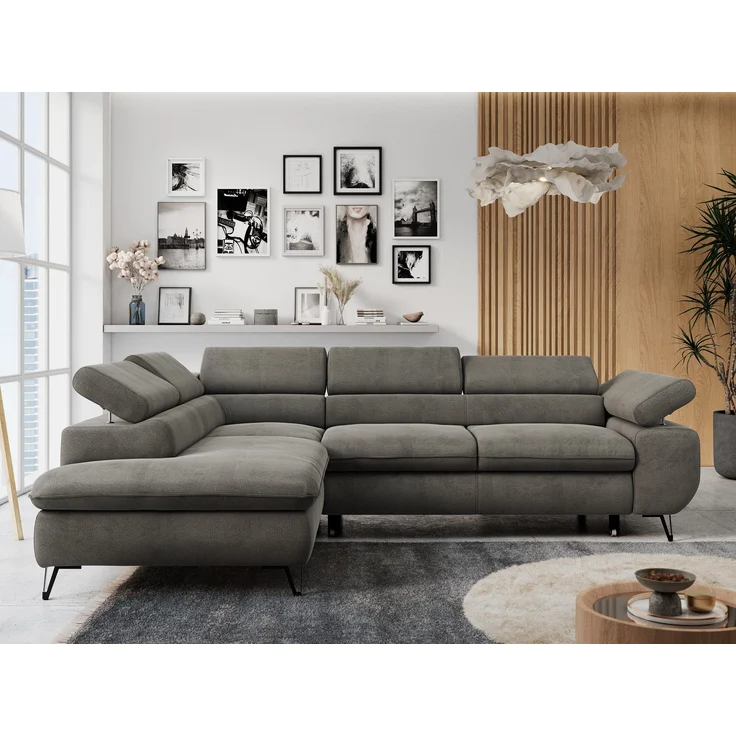 Mks Möbel 'Peter L-form' Ecksofa mit Bettfunktion, Bettkasten & einstellbaren Kopfstützen, Dunkelgrau, Velours, mit Topper, links