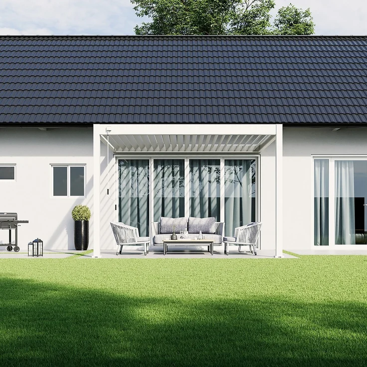 Weide Deluxe Wand-Pergola Voll-Aluminium 3x3,6m mit Lamellendach weiß – Bild 2