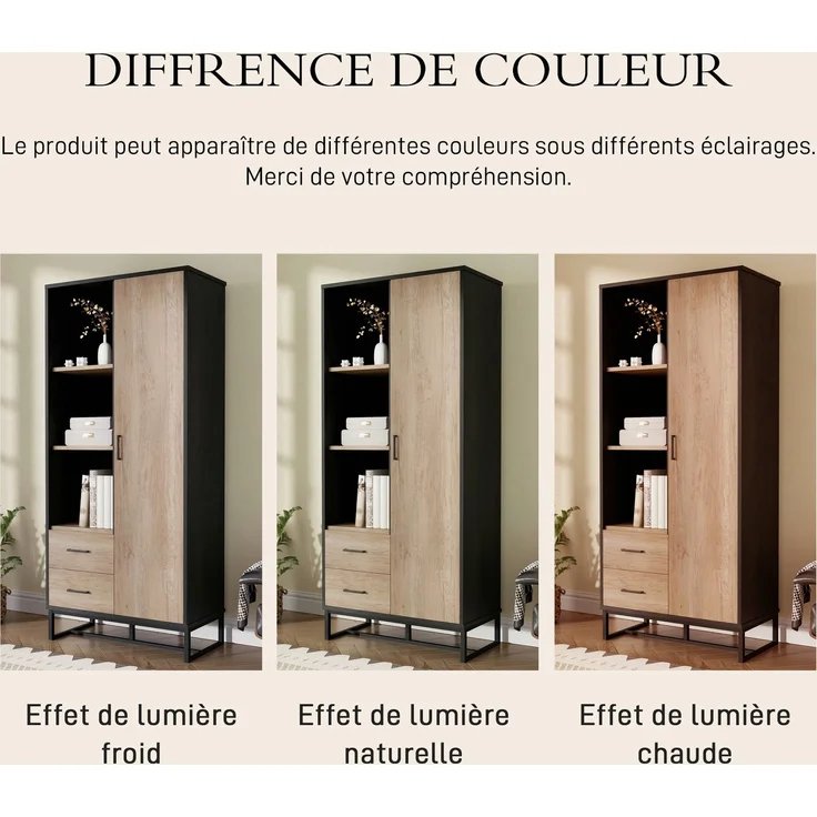 Moderner Highboard Schrank 80x40x180 cm – Holzoptik mit schwarzem Rahmen, mit Tür, 2 Schubladen & 3 offenen Fächern – Vielseitiger Stauraum für Wohnzimmer, Büro & Flur--Schwarz, Holz--80x40x180cm--YOUDENOVA – Bild 10