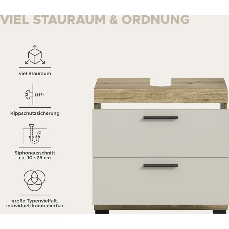 Waschbeckenunterschrank >Scout< in Evoak Oak / Kaschmir - 60x56x34cm (BxHxT) – Bild 10