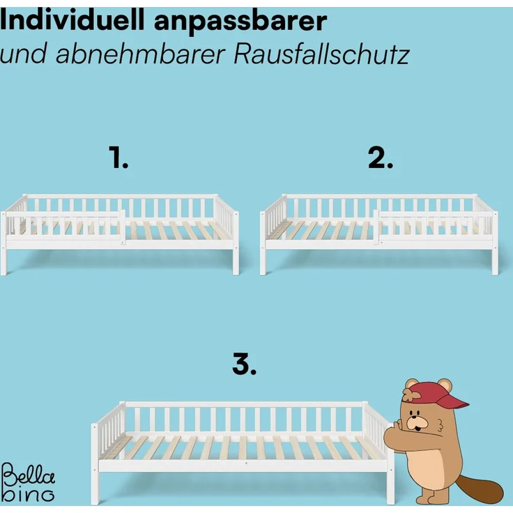 Bellabino 'Vils' Kinderbett 90x200 cm mit großer Schublade, weiß, Kiefer Massivholz, Montessori Bett mit Stauraum, mit abnehmbarem Rausfallschutz und Lattenrost – Bild 6