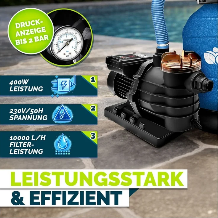 tillvex Sandfilteranlage 10 m³/h Filteranlage + 800g Filterbälle 7-Wege Ventil Poolfilter, Filterkessel mit Druckanzeige Sandfilter für Pool und Schwimmbecken – Bild 4