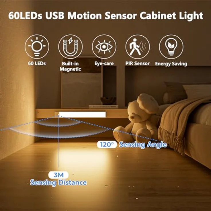 Unterbauleuchte Küche LED Schrankbeleuchtung 32cm 3Stück Warmweiß mit Bewegungsmelder Innen Akku,Schranklicht Schrankleuchten Lichtleiste USB mit Sensor für Kleiderschrank,Unterschrank,Kofferraum,RV – Bild 4
