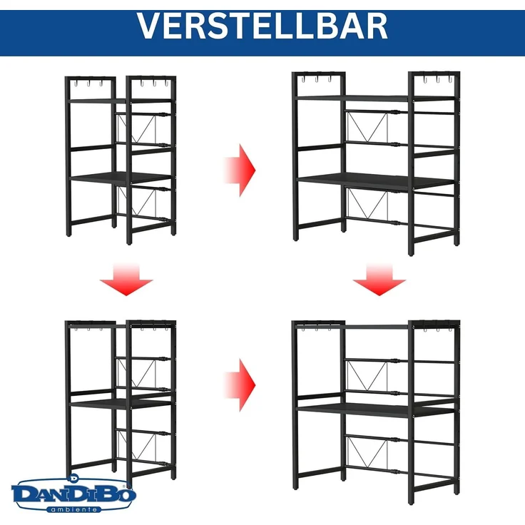 DanDiBo Verstellbares Mikrowellenregal 3 Stufig 40-64 cm Mikrowellen Regal 96614 Stehend Mikrowellenständer Küchenregal – Bild 3