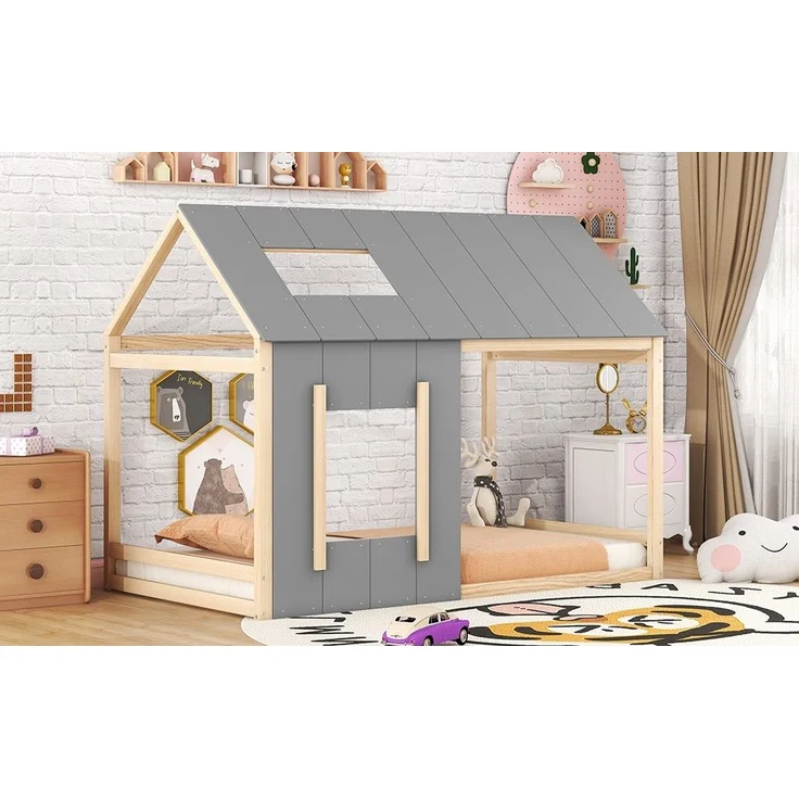 Bett 90x200 cm in Hausform aus Kiefernholz – Natur/Grau, offenes Design mit Dach und Fenster – Bild 5