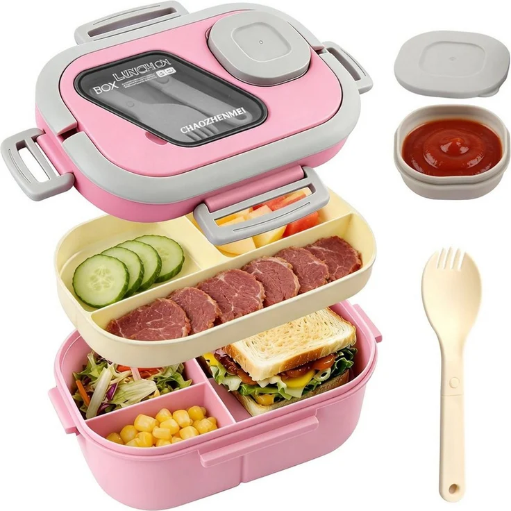 Diwzbyn Lunchbox Bento Box Lunchbox 2-stufig, 6 Fächer, Auslaufsicher, BPA-frei, Mit Saucenbehälter & Besteck, mikrowellengeeignet, 1200 ml – Bild 1