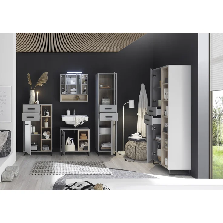 Badkommode >Tunis< Tür, 2 Schübe, 4 Fächer, grau matt / sonoma eiche - 65x116x38cm BxHxT – Bild 6