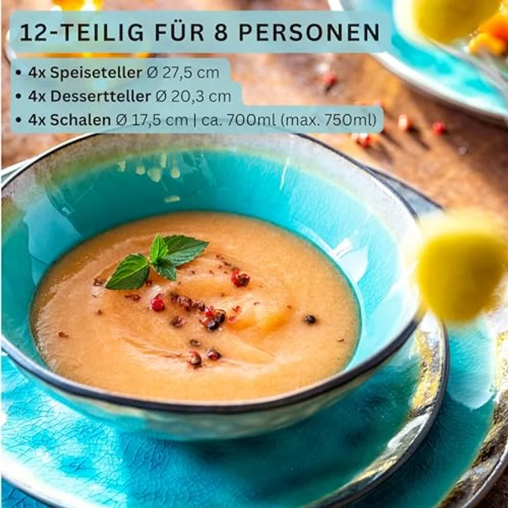 Sänger Tafelservice, 12-teiliges Geschirrset aus Keramik in Pastellblau, kratzfest, stapelbar, mikrowellen- und spülmaschinengeeignet – Bild 3