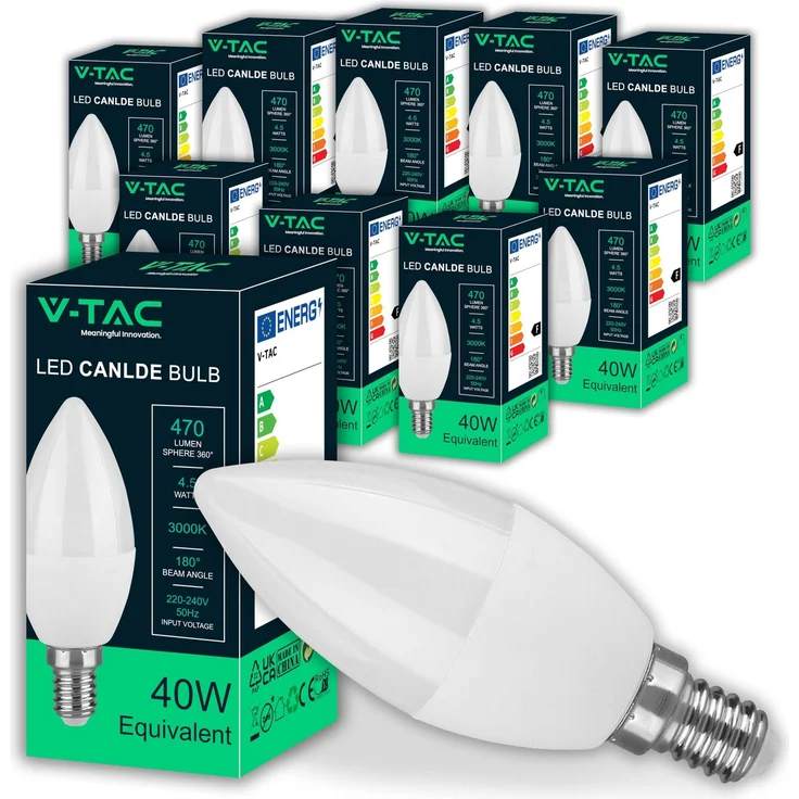 V-TAC 10x LED Glühbirne E14 Kerze - 4,5W (entspricht 40W) Kerzenlampe - 470 Lumen - Kerze Lampe - LED Glühlampen - Energiesparlampe - Licht 3000K Warmweiß