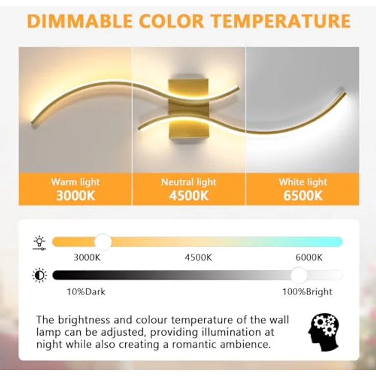Goeco Wandlampe Innen LED, 32W 3600LM Moderne Wandleuchte Dimmbar Mit Fernbedienung, 3000K-6500K, Wandbeleuchtung Golden Flurlampe Wand für Schlafzimmer Wohnzimmer Flur Treppenhaus Hotel, 80cm – Bild 4