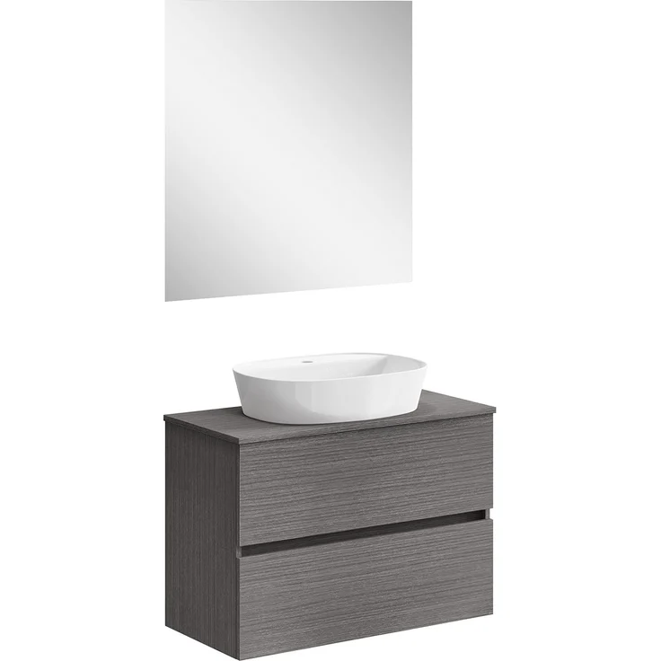 Baikal Onyx Badezimmerschrank, montiert, 2 Schubladen, Badezimmermöbel mit Waschbecken, Wandschrank, Keramikwaschbecken, inkl. Spiegel, 90 cm, Asche