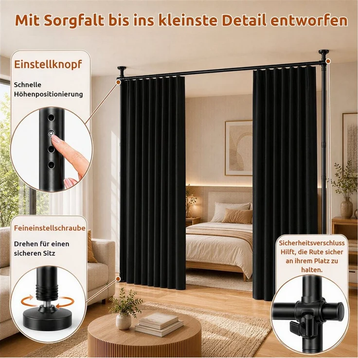 BlingBin Raumteiler Bohrfreier Raumteiler Spannstange, verstellbares Raumtrenn‑Spannsystem, 2‑vertikal 1‑horizontal, mit Vorhang, Höhe 227‑312 cm, Breite 71‑178 cm 4-tlg, freistehende Sichtschutz Trennwand für Mietwohnung, Homeoffice, Balkon – Bild 3